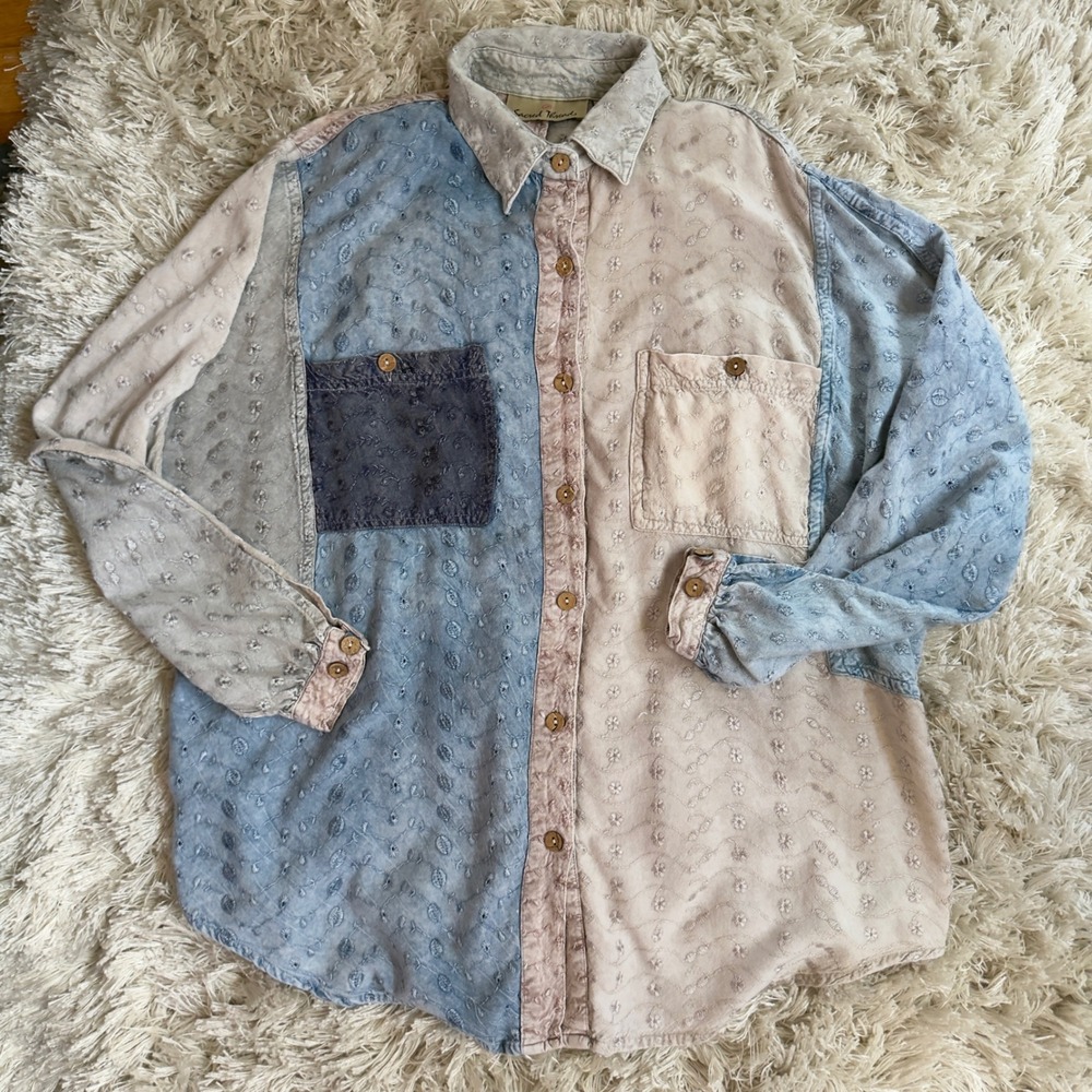 Boho Sacred Threads Colorblock Eyelet Embroidered Button Up Peasant Shirt M/L